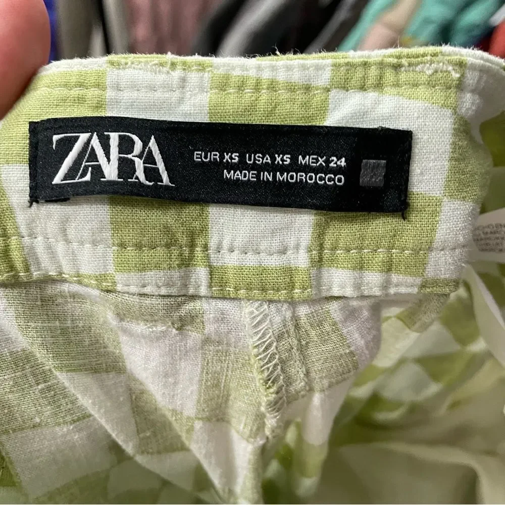 Zara High Waisted Checkered Straight Leg Linen Pants